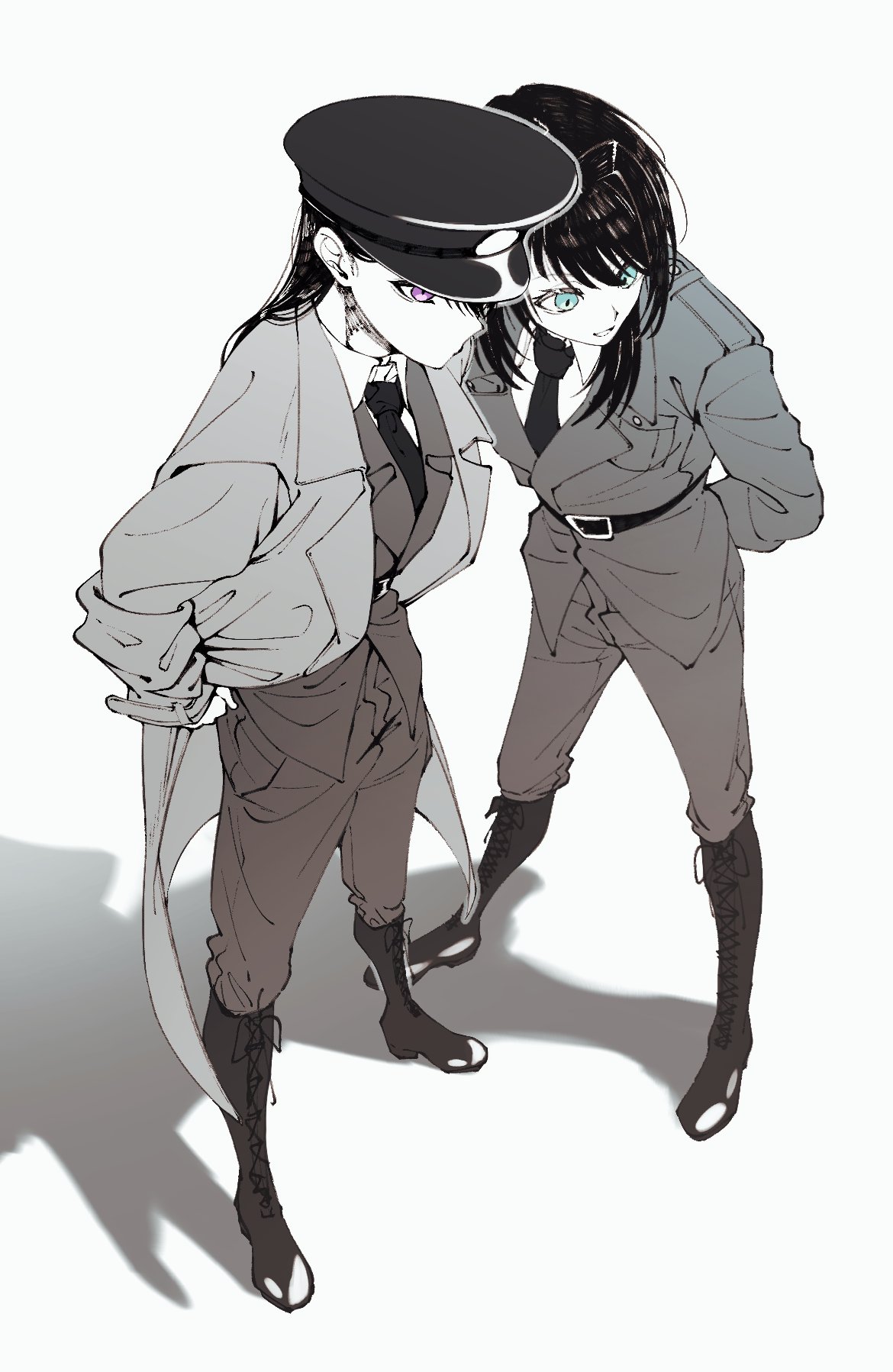 doki (oox3o), shiina taki, yahata umiri, bang dream!, bang dream! it's mygo!!!!!, highres, 2girls, arms behind back, belt, blue eyes, boots, coat, greyscale, hat, jacket, knee boots, medium hair, military uniform, monochrome, multiple girls, necktie, open mouth, pants, purple eyes, simple background, spot color, white background
