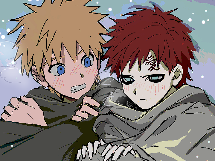 gaara (naruto), uzumaki naruto, naruto (series), 2boys, aqua eyes, blonde hair, blue eyes, blush, clenched teeth, crossed arms, frown, furrowed brow, grey cloak, lodoae, male focus, multiple boys, pale skin, red hair, scar, scar on face, scar on forehead, short hair, snow, spiked hair, teeth, upper body