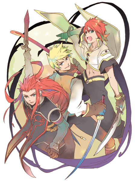 ayumiso, asch (tales), guy cecil, luke fon fabre, tales of (series), tales of the abyss, 00s, 3boys, blonde hair, blue eyes, gloves, green eyes, long hair, male focus, midriff, multiple boys, open mouth, pants, red hair, smile, surcoat, sword, weapon
