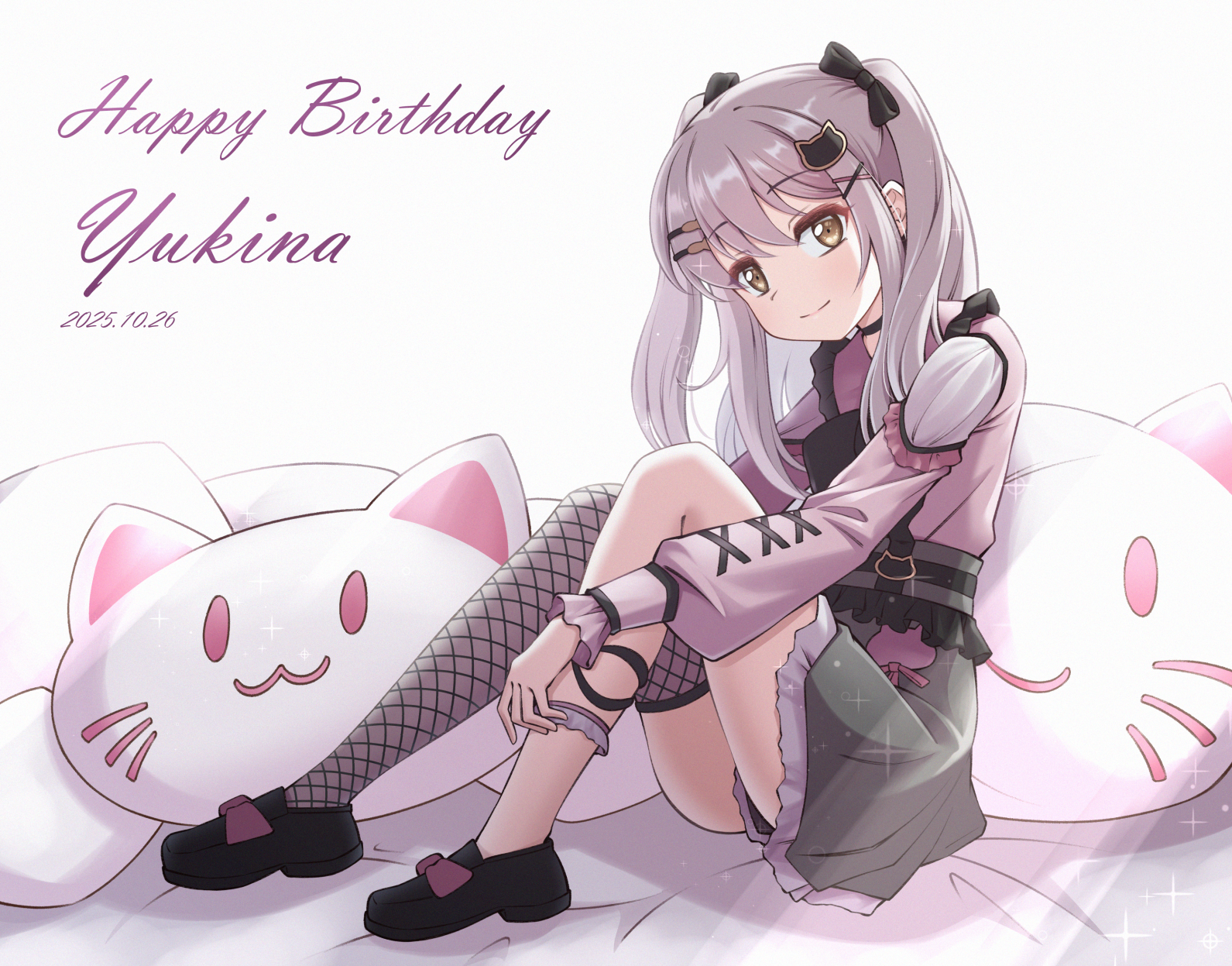 jiwon (sj1), minato yukina, bang dream!, commentary, english commentary, highres, 1girl, black bow, black shoes, black skirt, bow, cat-shaped pillow, closed mouth, dated, fishnet thighhighs, fishnets, frilled shirt, frilled skirt, frills, grey hair, grey thighhighs, hair bow, hair ornament, hairclip, happy birthday, jirai kei, long hair, multicolored hair, parallel hairclips, pink shirt, shirt, shoes, single thighhigh, sitting, skirt, solo, thighhighs, two-tone hair, yellow eyes