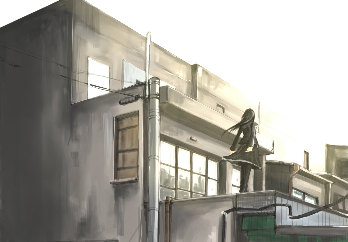 holysnow, original, black legwear, 1girl, black hair, black skirt, building, female focus, from behind, jacket, long hair, power lines, scenery, skirt, solo, window