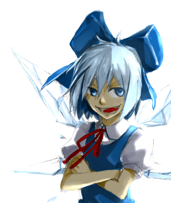 holysnow, cirno, embodiment of scarlet devil, touhou, 1girl, blue eyes, blue hair, bow, collared shirt, crossed arms, female focus, hair bow, ice, ice wings, matching hair/eyes, open mouth, puffy short sleeves, puffy sleeves, shirt, short hair, short sleeves, smile, solo, white background, wings
