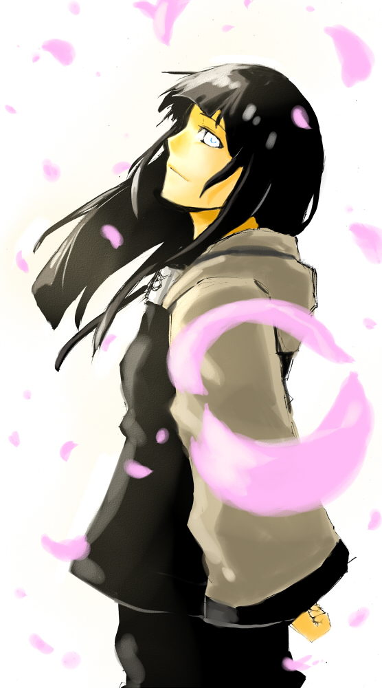 holysnow, hyuuga hinata, naruto (classic), naruto (series), black hair, cherry blossoms, long hair, petals, solo, white eyes