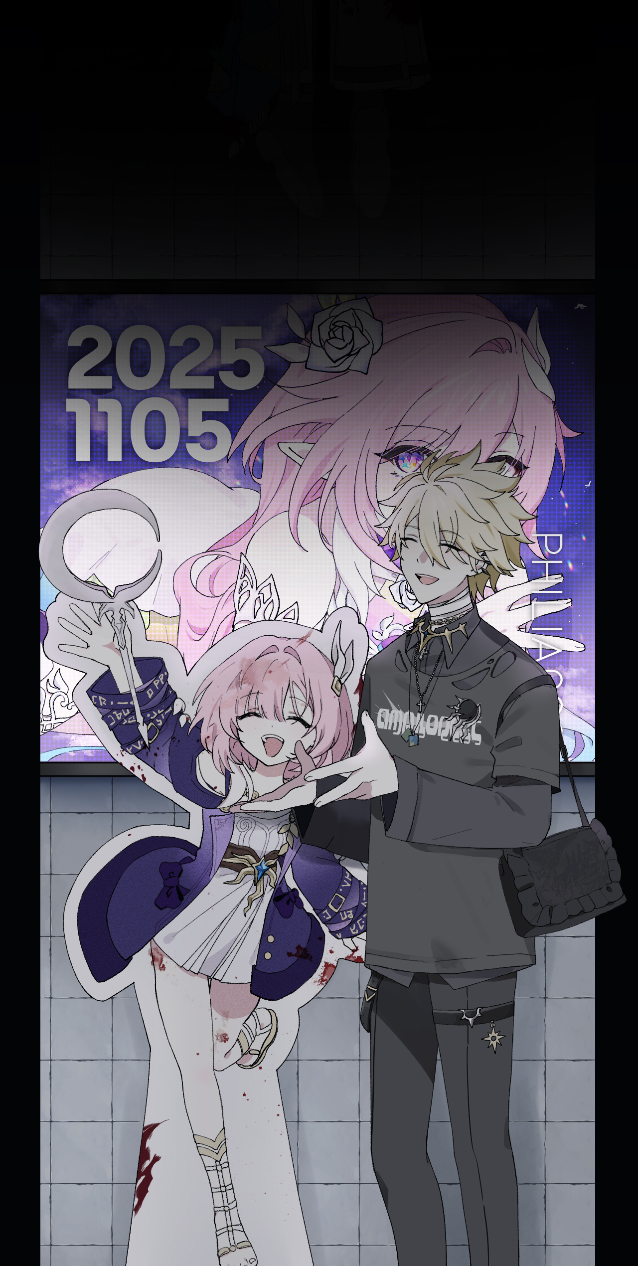 cyrene (honkai: star rail), cyrene (ripples of past reverie) (honkai: star rail), phainon (honkai: star rail), phainon (khaslana) (honkai: star rail), honkai: star rail, honkai (series), absurdres, highres, 1boy, 1girl, 2025, :d, ^ ^, ad, alternate costume, arm up, bag, bare shoulders, black bag, black pants, black shirt, blonde hair, blood, blood on object, cardboard cutout, ceremonial blade (honkai: star rail), closed eyes, clothes writing, crescent sword, cross, cross necklace, cyrene (aedes elysiae) (honkai: star rail), dark, dress, dual persona, facing viewer, flower, gladiator sandals, hair flower, hair intakes, hair ornament, height difference, holding, holding sword, holding weapon, horror (theme), indoors, jacket, jewelry, layered sleeves, leg up, long hair, long sleeves, looking at viewer, loose clothes, loose shirt, medium hair, meta, microdress, multicolored eyes, multicolored hair, multiple necklaces, necklace, open clothes, open jacket, open mouth, pants, pillarboxed, pink hair, pointy ears, poster (object), purple eyes, purple jacket, rainbow eyes, rose, runes, sandals, satchel, shirt, shirt under shirt, short hair, short over long sleeves, short sleeves, shoulder bag, single hair streak, sleeve garter, smile, standing, standing on one leg, streaked hair, subway station, sweetpoyu, sword, symbol in eye, thigh gap, thigh strap, tile wall, tiles, timestamp, two-tone hair, untucked shirt, very short hair, weapon, white dress, white flower, white rose, white streaks, wing collar