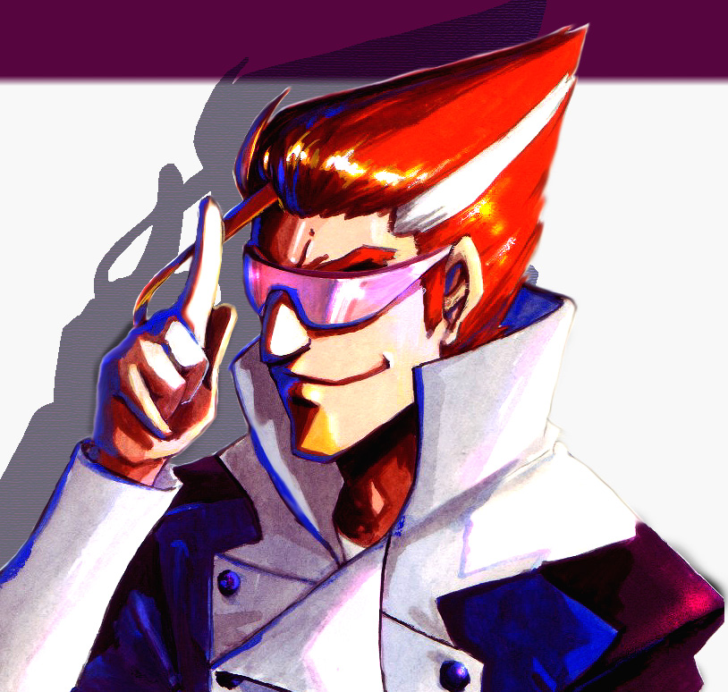 holysnow, straight cougar, scryed, 00s, 1boy, closed mouth, coat, index finger raised, long sleeves, male focus, multicolored hair, red hair, simple background, smirk, solo, streaked hair, sunglasses, thick eyebrows, upper body, white background, white coat, white hair, wrap-around shades