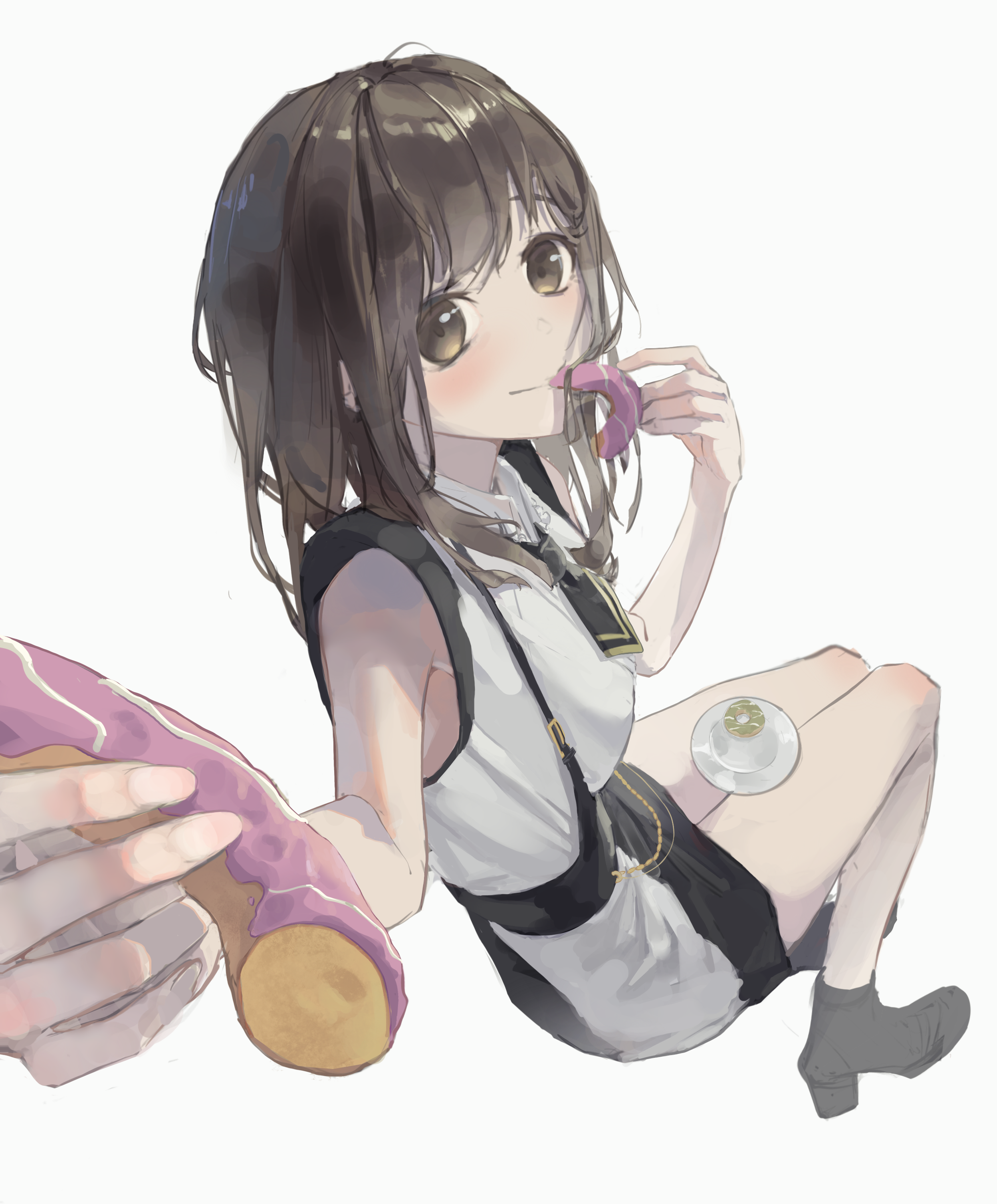 jinj0121, sumita mana, bang dream!, bang dream! it's mygo!!!!!, absurdres, commentary, highres, 1girl, black corset, black necktie, brown eyes, brown hair, closed mouth, corset, donut, dress, food, invisible chair, long hair, looking at viewer, necktie, short necktie, simple background, sitting, sleeveless, sleeveless dress, solo, white background, white dress