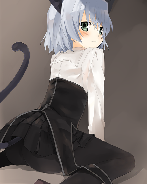 kurot, sanya v. litvyak, strike witches, world witches series, silver hair, 00s, 1girl, animal ears, ass, black pantyhose, blush, cat ears, cat tail, female focus, green eyes, grey eyes, military, military uniform, pantyhose, short hair, sitting, skirt, solo, tail, wariza