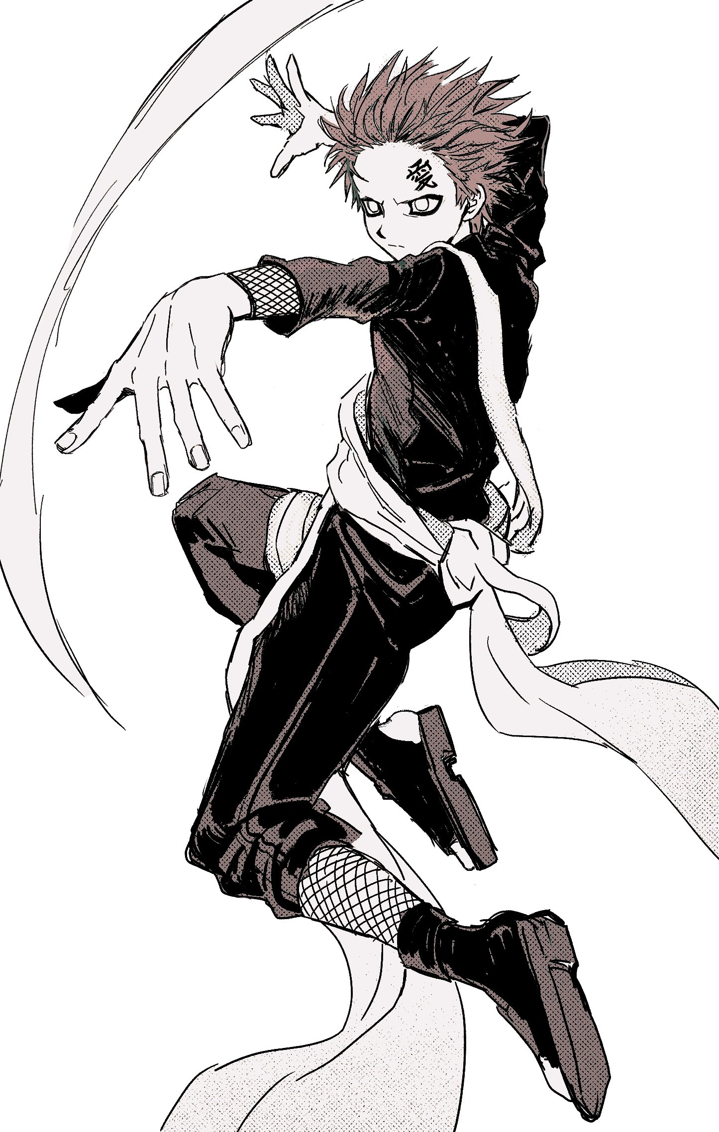 gaara (naruto), naruto (series), highres, 1boy, bandaged leg, bandages, black pants, black shirt, black shoes, fighting stance, fishnet sleeves, fishnet socks, fishnets, full body, furrowed brow, lodoae, male focus, no eyebrows, no pupils, open-toe shoes, outstretched hand, pants, sash, scar, scar on face, scar on forehead, shirt, shoes, short hair, socks, solo, white background, white sash