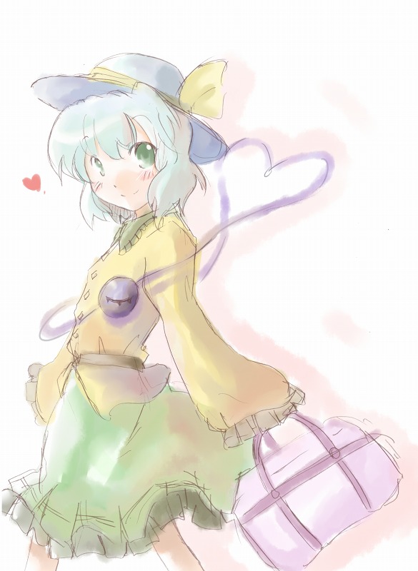 ogu, komeiji koishi, touhou, 1girl, bag, belt, blush, eyeball, female focus, frilled skirt, frilled sleeves, frills, green eyes, handbag, hat, hat ribbon, heart, heart of string, long sleeves, looking at viewer, ribbon, short hair, skirt, smile, solo, third eye, white background