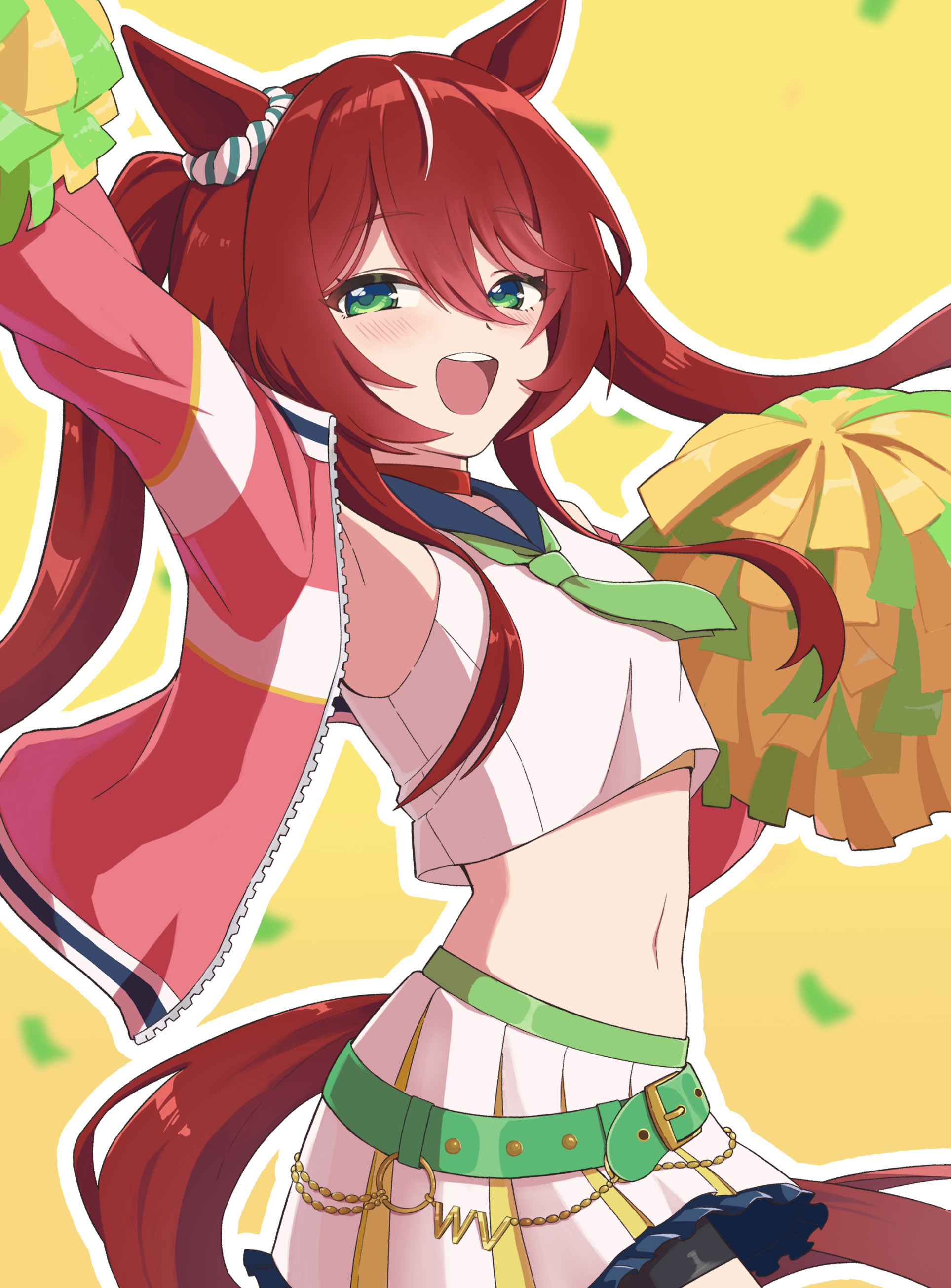 mugi mg317, win variation (umamusume), umamusume, absurdres, highres, 1girl, animal ears, arm up, belt, blue sailor collar, blush, cheerleader, crop top, ear ornament, ear scrunchie, genkai made pom pon!!, green belt, green eyes, green necktie, hair between eyes, holding, holding pom poms, horse ears, horse girl, horse tail, jacket, long hair, looking at viewer, midriff, navel, necktie, official alternate costume, official alternate hairstyle, open clothes, open jacket, open mouth, pink jacket, pom pom (cheerleading), pom poms, red tail, sailor collar, shirt, sidelocks, skirt, smile, solo, tail, teeth, twintails, upper teeth only, white shirt, white skirt, white streaks