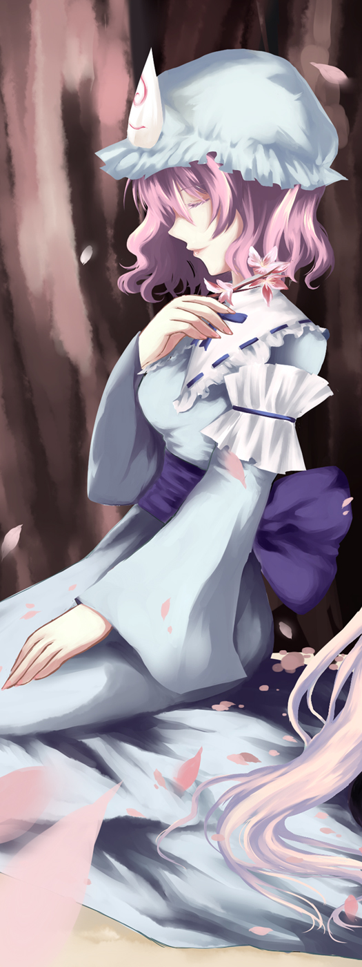 satsuyu ito, saigyouji yuyuko, touhou, bad id, bad pixiv id, highres, 1girl, dress, female focus, flower, hat, petals, plant, profile, solo