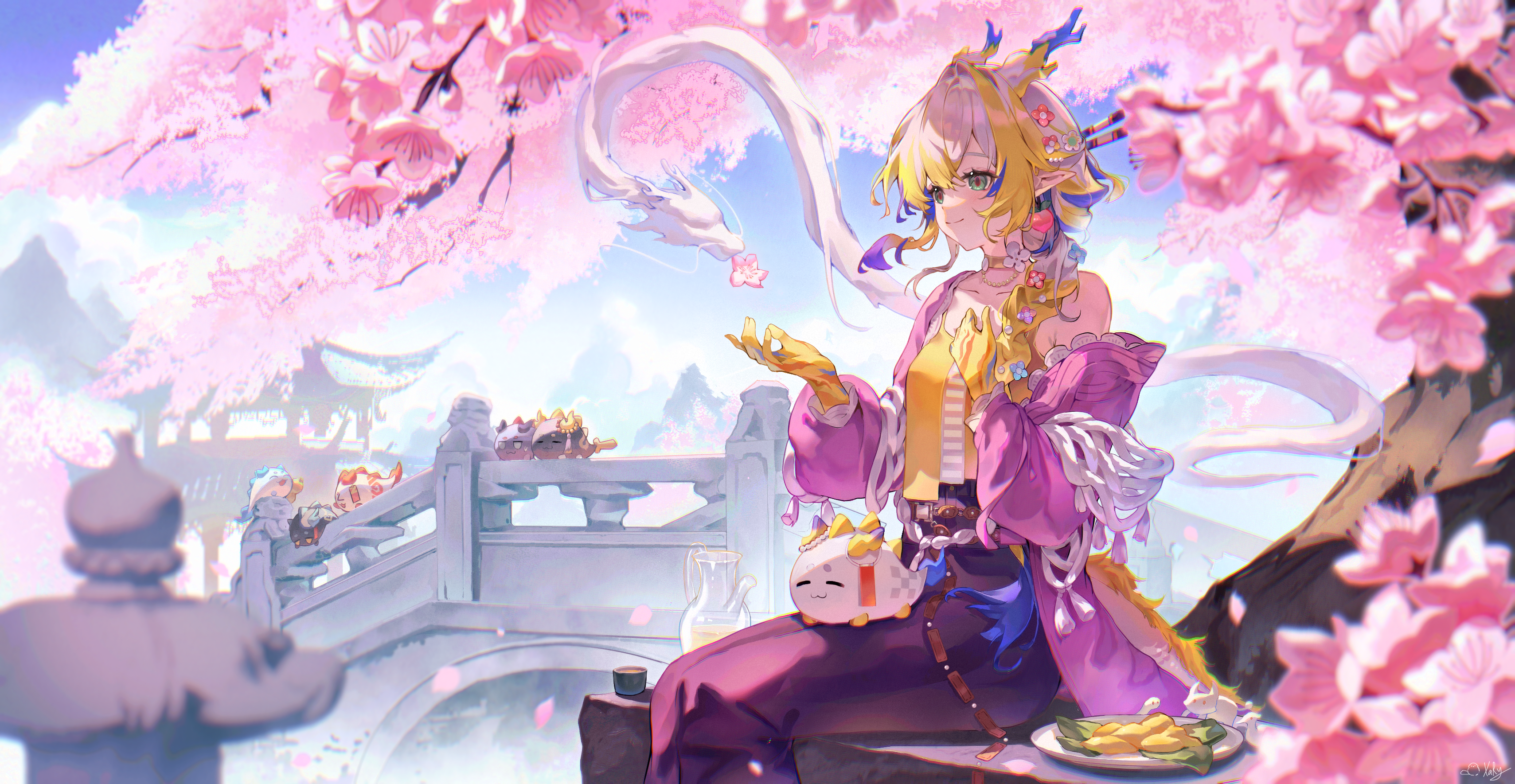 xary, shu (arknights), shu (spring feast) (arknights), arknights, absurdres, highres, 1girl, architecture, blonde hair, blue hair, cherry blossoms, closed mouth, dragon, dragon bubble (arknights), dragon girl, dragon horns, dragon tail, earrings, east asian architecture, eastern dragon, eastern dragon horns, eastern dragon tail, flower, green eyes, hair between eyes, hair flower, hair ornament, hairpin, horns, jacket, jewelry, long hair, multicolored hair, official alternate costume, official alternate hairstyle, pants, plate, pointy ears, purple jacket, purple pants, shirt, smile, tail, very long hair, white hair, yellow shirt