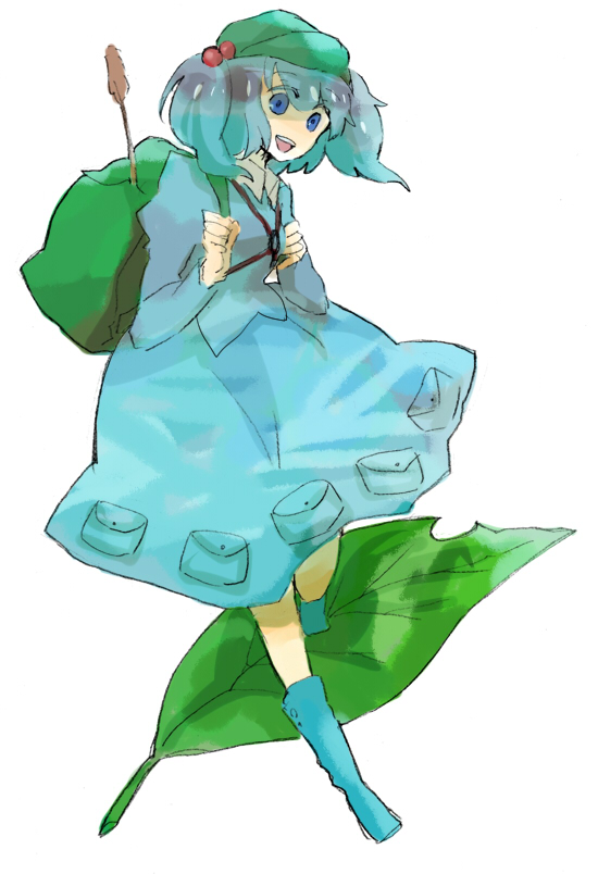 tarako supa, kawashiro nitori, touhou, bad id, bad pixiv id, 1girl, backpack, bag, blue eyes, blue hair, boots, cattail, dress, female focus, hair bobbles, hair ornament, hat, leaf, matching hair/eyes, plant, rubber boots, short hair, short twintails, solo, twintails, two side up, white background