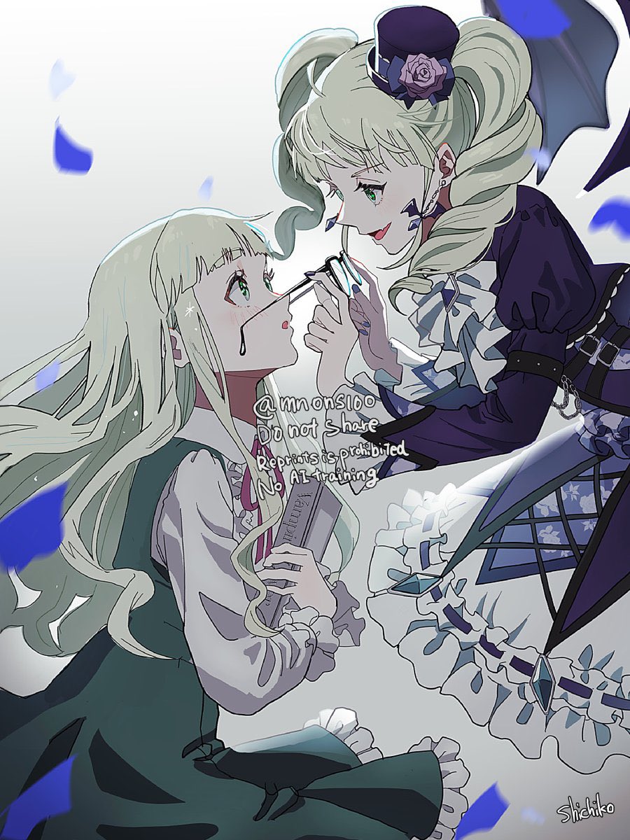 shichiko (kerori), todo yurika, aikatsu!, aikatsu! (series), highres, 2girls, blonde hair, blunt bangs, collared shirt, dress, drill hair, dual persona, eye contact, frilled skirt, frills, from side, gothic lolita, green dress, green eyes, hat, holding, holding removed eyewear, idol clothes, jacket, lolita fashion, long hair, long sleeves, looking at another, mini hat, multiple girls, open mouth, petals, pinafore dress, purple hat, purple jacket, shirt, skirt, sleeveless, sleeveless dress, smile, standing, twin drills, twintails, unworn eyewear, white shirt