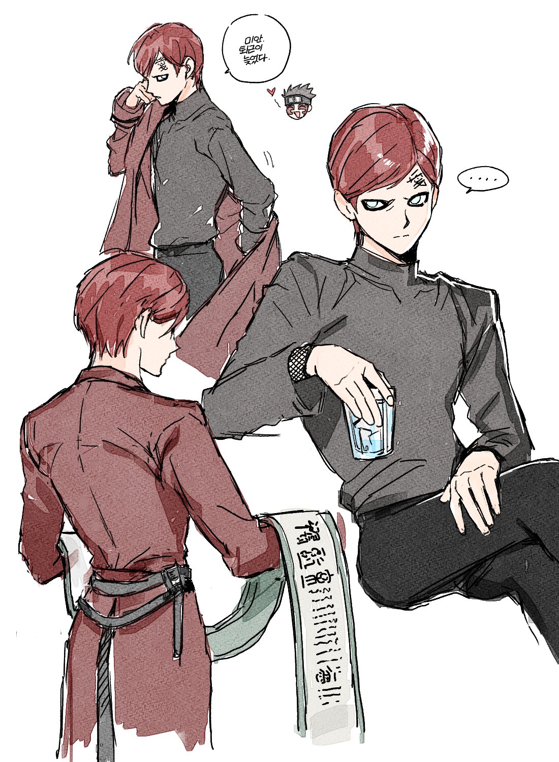 gaara (naruto), naruto (series), highres, …, 2boys, black pants, chibi, chibi inset, coat, cropped head, crossed legs, cup, fishnet sleeves, fishnets, furrowed brow, grey shirt, holding, holding cup, holding scroll, lodoae, male focus, multiple boys, multiple views, no eyebrows, pants, parted bangs, red coat, red hair, scar, scar on face, scar on forehead, scroll, shirt, short hair, sitting, solo focus, spoken ellipsis, swept bangs, upper body, white background
