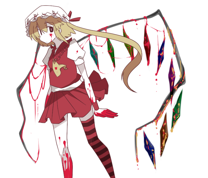 fujisaki miyabi, flandre scarlet, touhou, bad id, bad pixiv id, 1girl, blonde hair, blood, female focus, hat, no nose, pale skin, side ponytail, single thighhigh, solo, striped clothes, striped thighhighs, thighhighs