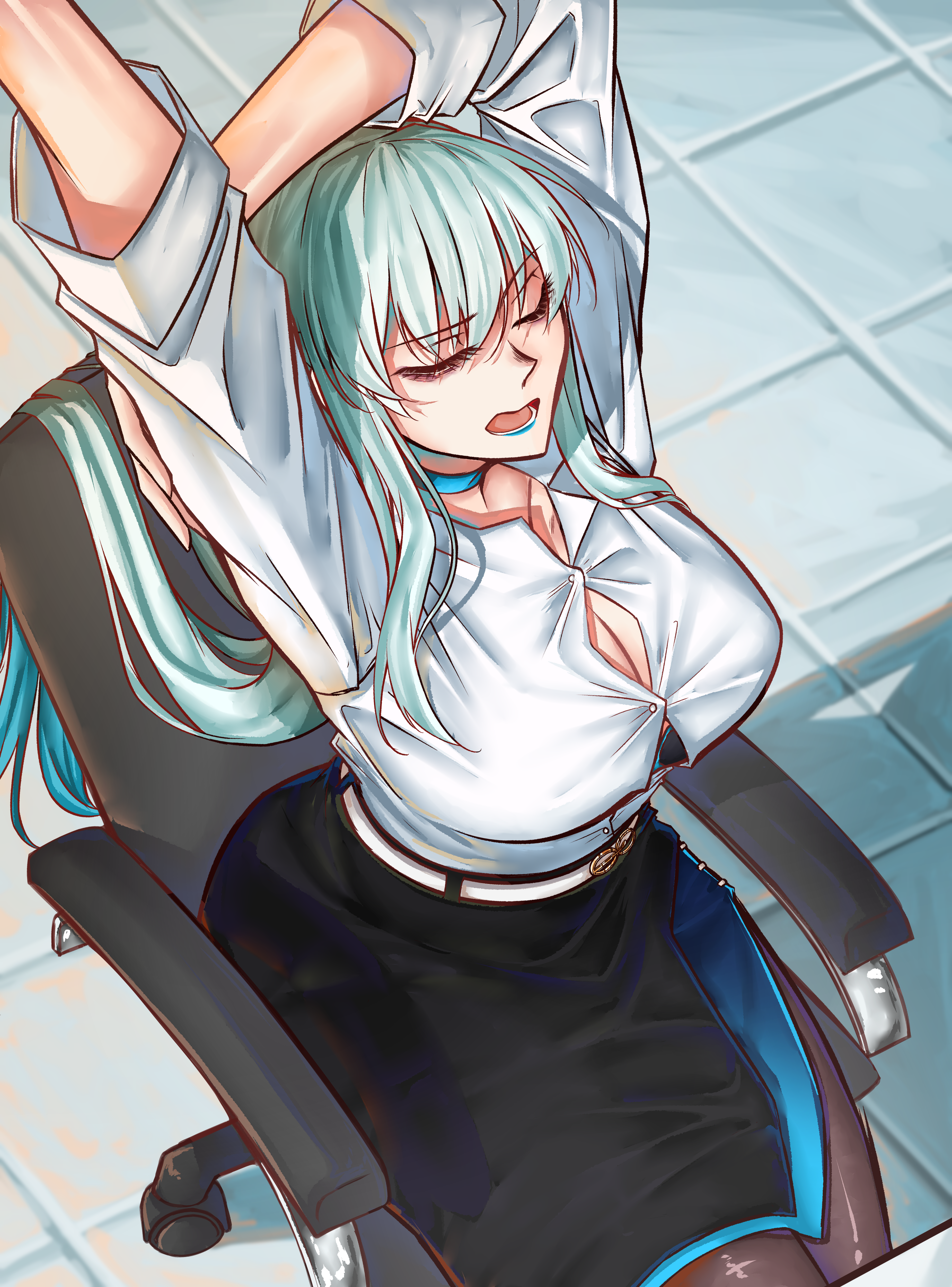 moren eh, morgan le fay (chaldea satellite station) (fate), morgan le fay (fate), fate/grand order, fate (series), absurdres, highres, 1girl, belt, black bow, black dress, black skirt, blue eyes, blue lips, blush, bow, braid, breasts, chair, cleavage, closed eyes, collared shirt, dress, dress shirt, from above, front-hook bra, grey hair, hair bow, half up braid, huge breasts, large breasts, long hair, long sleeves, looking at breasts, office chair, office lady, open mouth, pantyhose, pencil skirt, ponytail, shirt, sidelocks, skirt, solo, swivel chair, thick thighs, thighs, two-tone dress, very long hair, white belt, white hair, white shirt