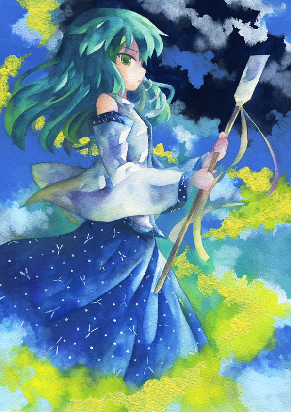 kaiso, kochiya sanae, touhou, bad id, bad pixiv id, 1girl, blue skirt, detached sleeves, dress, female focus, gohei, green eyes, green hair, hair ornament, long hair, looking at viewer, matching hair/eyes, open mouth, skirt, snake, snake hair ornament, solo
