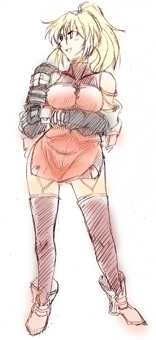 yasu-an, excellen browning, banpresto, super robot wars, bare shoulders, blonde hair, fingerless gloves, gloves, ponytail, solo, thighhighs