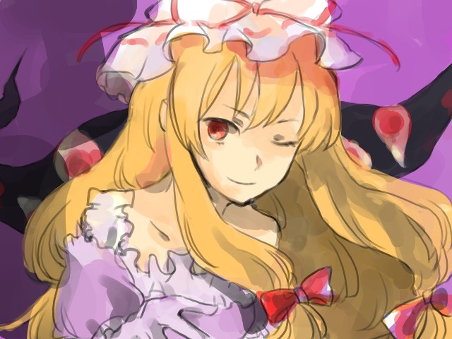usagiho, yakumo yukari, touhou, bad id, bad pixiv id, 1girl, blonde hair, female focus, gradient background, hat, long hair, one eye closed, red eyes, solo, upper body, wink