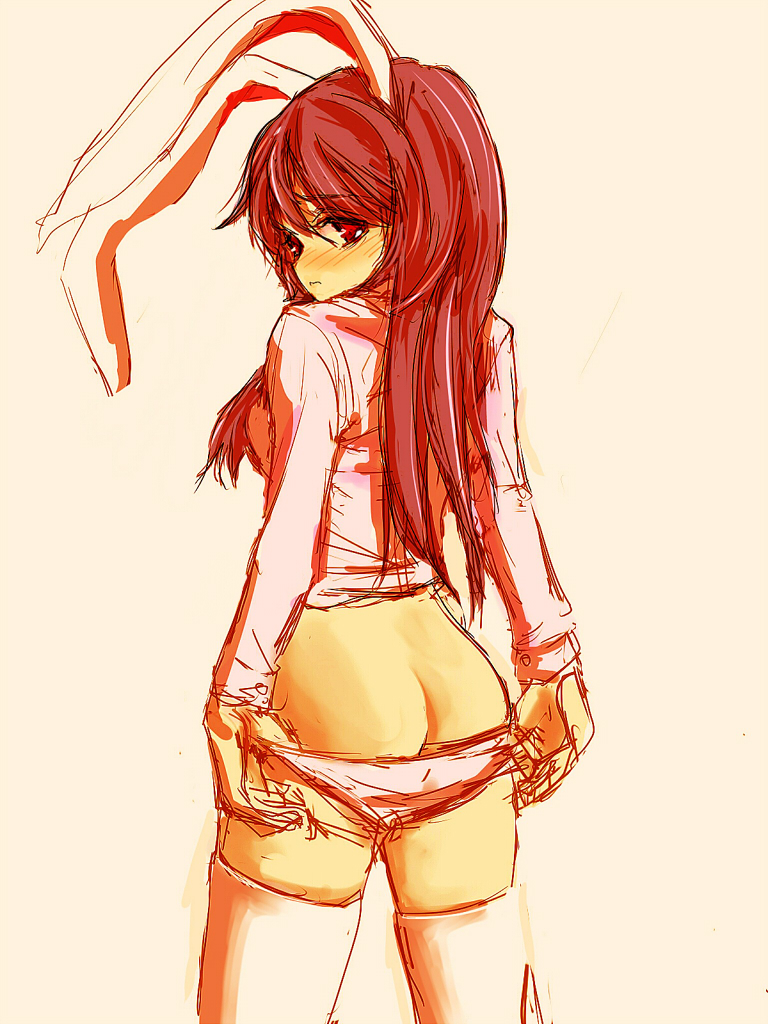 kuronuko neero, reisen udongein inaba, touhou, bad id, bad pixiv id, 1girl, animal ears, ass, blush, female focus, from behind, long hair, looking back, panties, panty pull, purple hair, rabbit ears, red eyes, solo, thighhighs, underwear