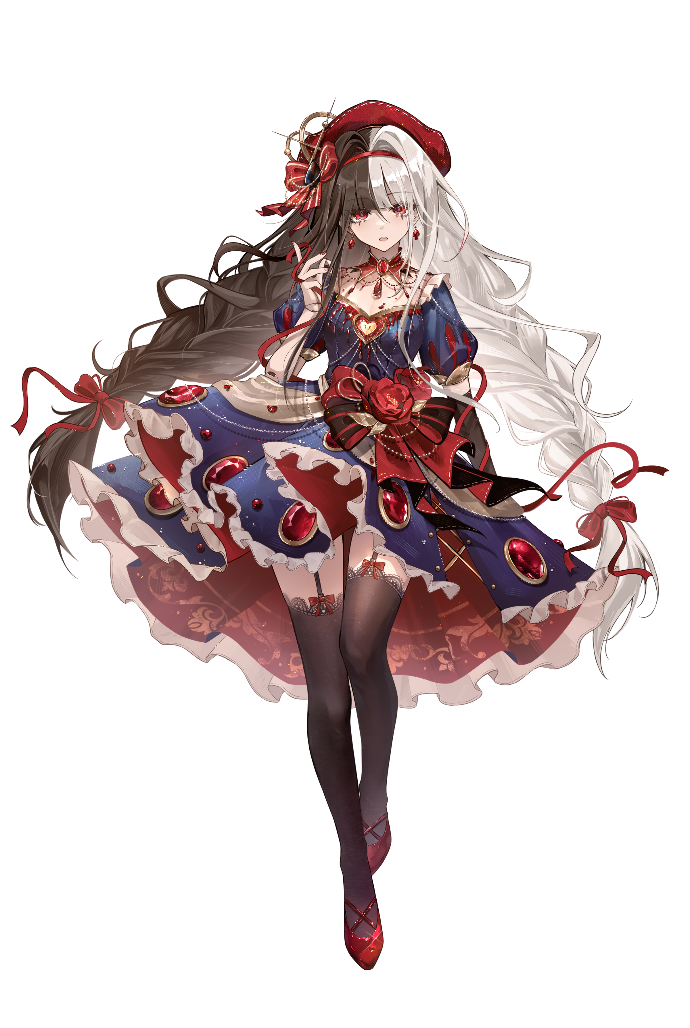 original, absurdres, chinese commentary, commentary request, highres, 1girl, beads, black bow, black hair, black thighhighs, blue dress, blunt bangs, bow, braid, breasts, cleavage, collar, dress, earrings, eyelashes, flower, frilled dress, frills, full body, garter straps, gem, glint, hair bow, hairband, hat, hela392765, jewelry, lace, lace-trimmed thighhighs, lace trim, long hair, long sidelocks, looking at viewer, medium breasts, multicolored hair, multiple hair bows, nail polish, parted lips, puffy short sleeves, puffy sleeves, red bow, red collar, red eyes, red flower, red gemstone, red hairband, red hat, red nails, red ribbon, red rose, red shoes, ribbon, rose, shoes, short sleeves, sidelocks, simple background, solo, spade (shape), spade earrings, split-color hair, standing, tachi-e, thighhighs, twin braids, twintails, two-tone hair, very long hair, waist bow, white background, white hair