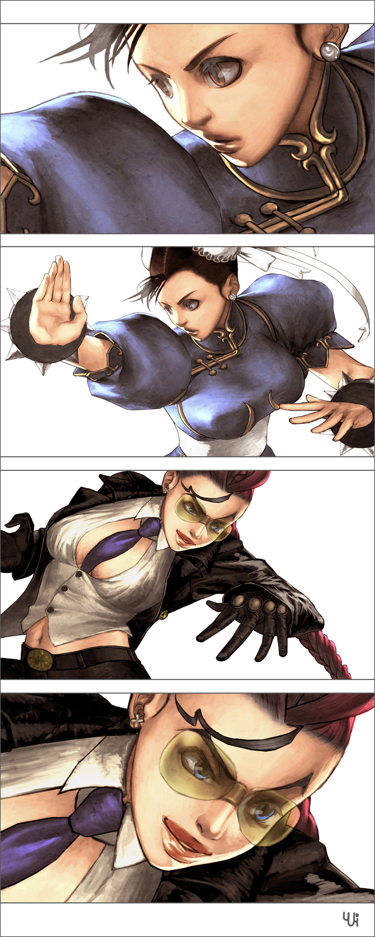 yukikotsu, chun-li, crimson viper, capcom, street fighter, street fighter iv (series), highres, long image, tall image, 2girls, multiple girls, pompadour, zooming out