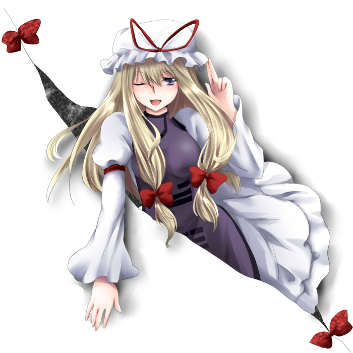 marimo danshaku, yakumo yukari, touhou, bad id, bad pixiv id, 1girl, blonde hair, dress, female focus, gap (touhou), hat, japanese clothes, long hair, one eye closed, ribbon, solo, white background, wink