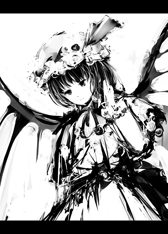 hanuu, remilia scarlet, touhou, 1girl, bat wings, female focus, greyscale, hat, hat ribbon, mob cap, monochrome, ribbon, short hair, smile, solo, white background, wings