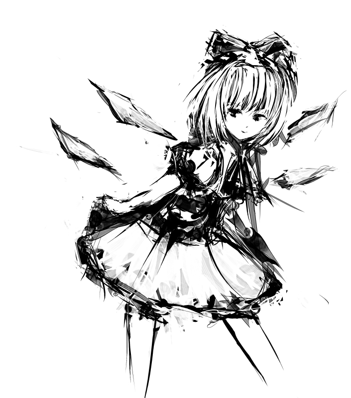 hanuu, cirno, touhou, 1girl, bow, female focus, greyscale, hair bow, ice, monochrome, puffy short sleeves, puffy sleeves, short hair, short sleeves, skirt, smile, solo, white background, wings