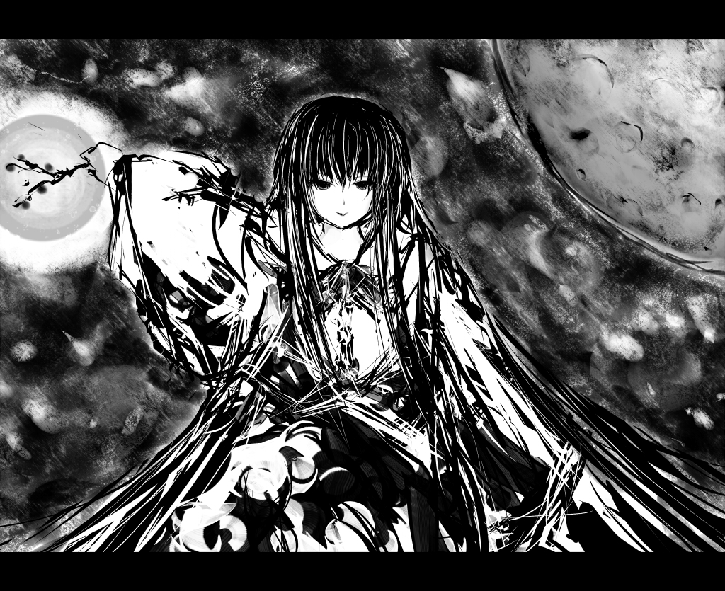 hanuu, houraisan kaguya, touhou, 1girl, black background, black hair, branch, female focus, greyscale, jeweled branch of hourai, long hair, long sleeves, monochrome, moon, neck ribbon, ribbon, smile, solo, very long hair, wide sleeves