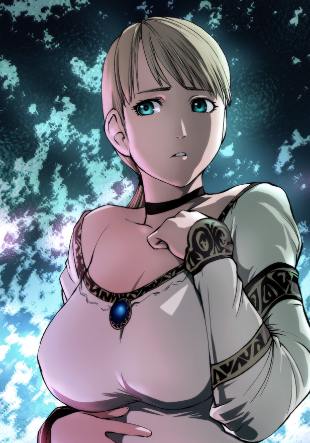 ueyama michirou, fiona belli, capcom, demento, 1girl, aqua eyes, blonde hair, blouse, breasts, brooch, choker, female focus, jewelry, large breasts, ponytail, shirt, solo