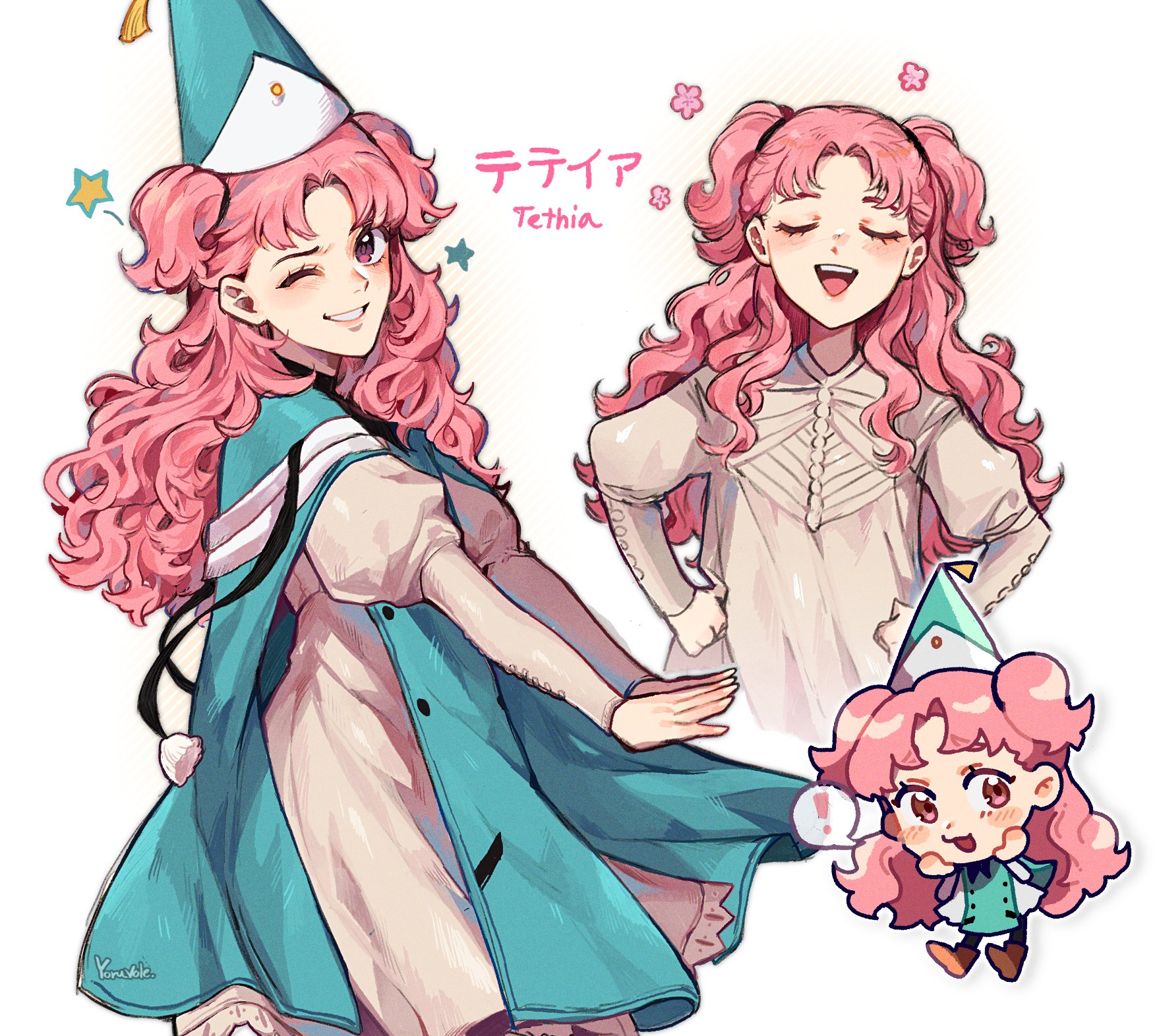 tetia (tongari boushi no atelier), tongari boushi no atelier, highres, 1girl, blush, chibi, fingernails, hat, long hair, multiple views, one eye closed, open mouth, pink eyes, pink hair, qifrey's atelier apprentice uniform, smile, teeth, twintails, youre uru