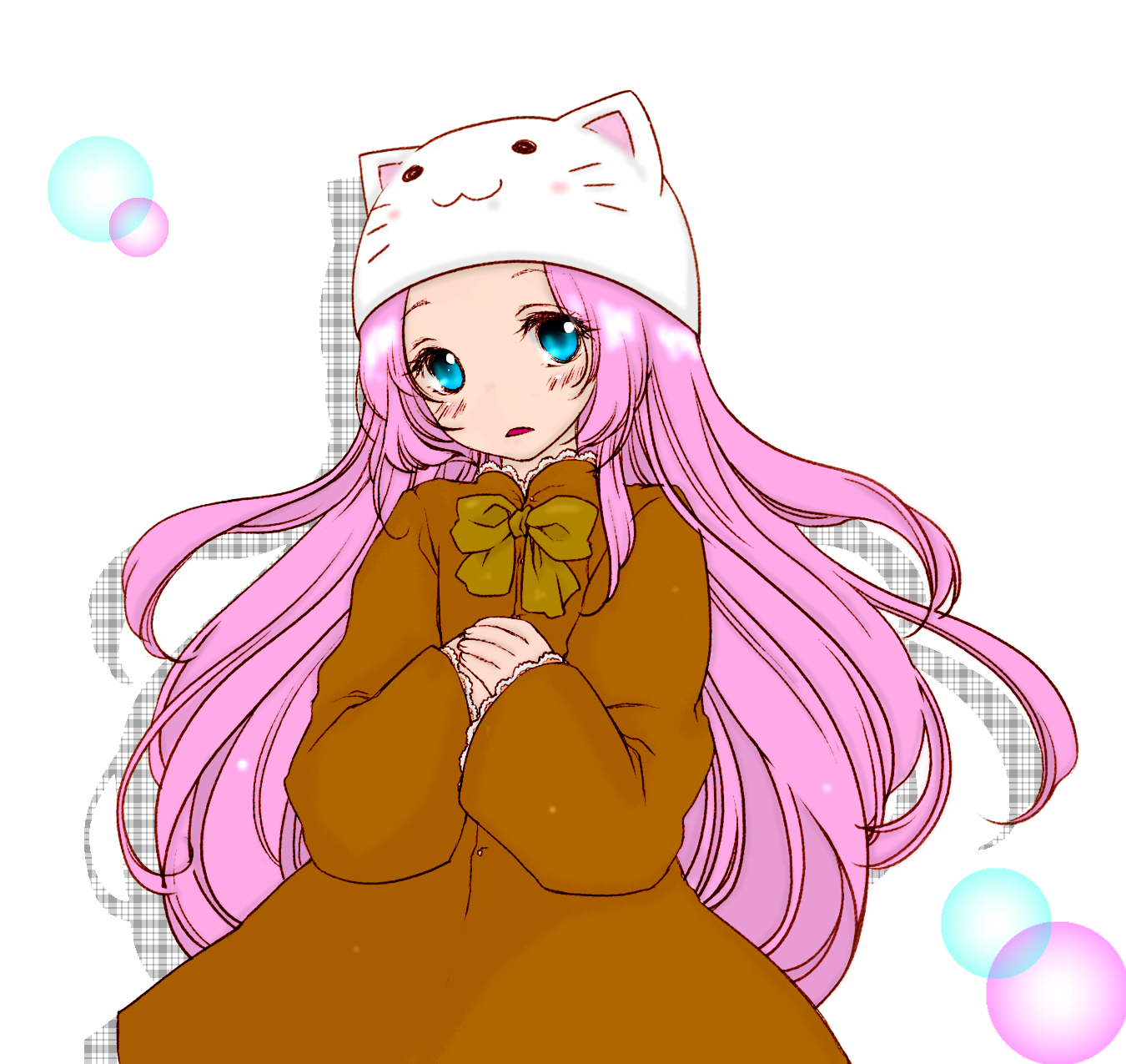 aare (dashvast), megurine luka, megurine luka (toeto), toeto (vocaloid), vocaloid, bad id, bad pixiv id, colorized, highres, 1girl, animal hat, blue eyes, cat hat, female focus, hat, long hair, pink hair, solo