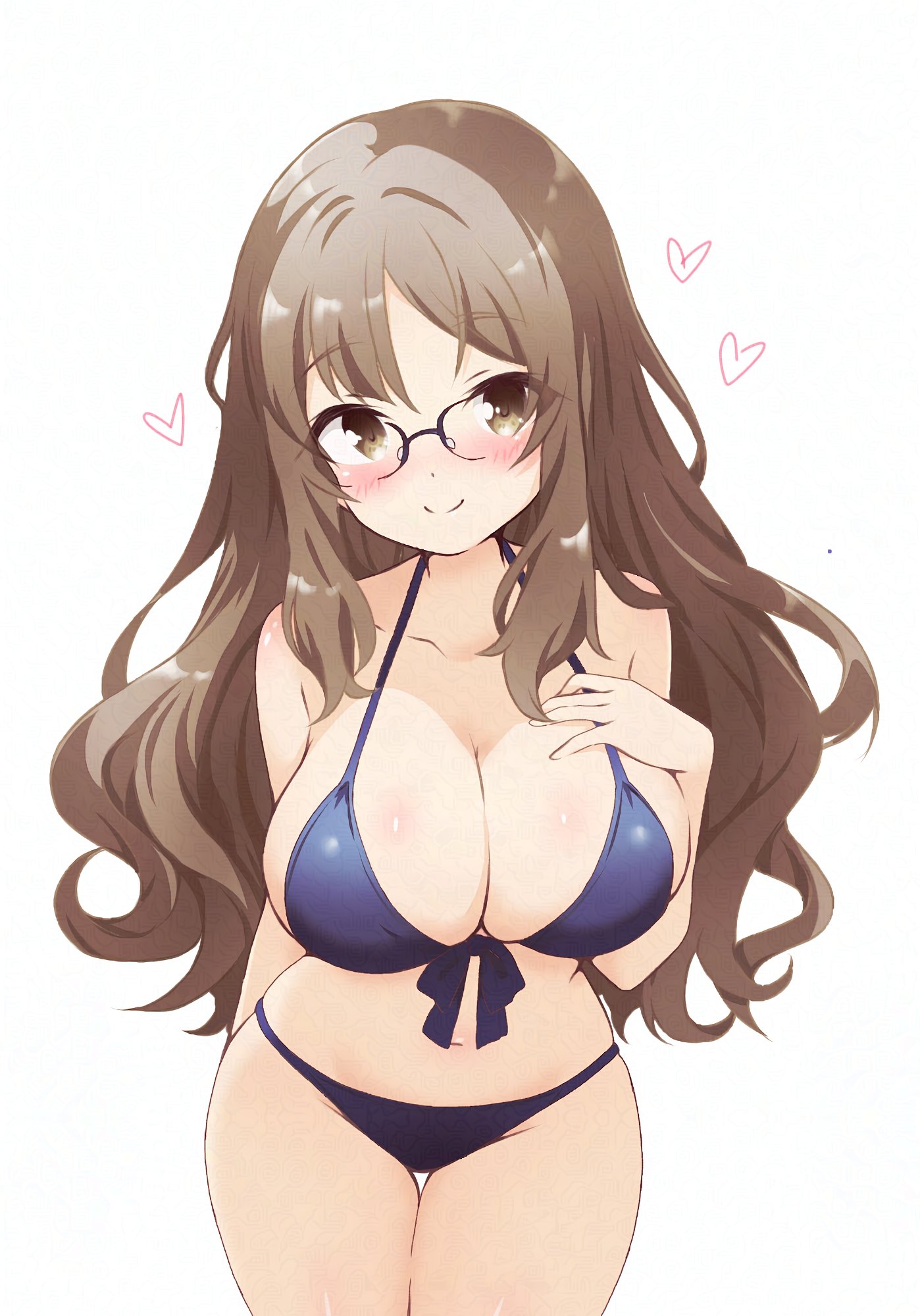 hitorilily, futaba rio, seishun buta yarou, adversarial noise, highres, 1girl, arm behind back, bare arms, bare shoulders, bikini, blue bikini, blush, breasts, brown eyes, brown hair, cleavage, closed mouth, collarbone, front-tie bikini top, front-tie top, glasses, hand on own chest, heart, large breasts, leaning forward, long hair, looking at viewer, navel, simple background, smile, solo, stomach, swimsuit, thigh gap, thighs, wavy hair, white background, wide hips