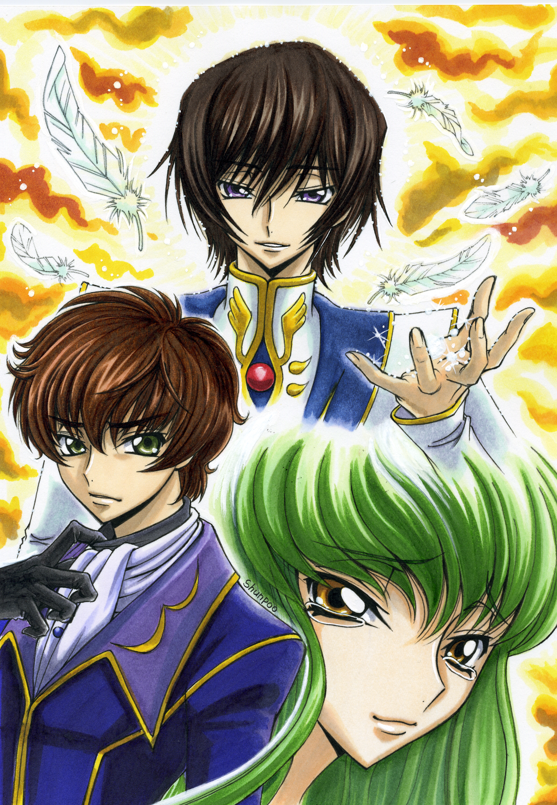 shunpuu, c.c., kururugi suzaku, lelouch vi britannia, code geass, absurdres, bad id, bad pixiv id, highres, 00s, 1girl, 2boys, black hair, feathers, green hair, multiple boys, purple eyes, tears, yellow eyes