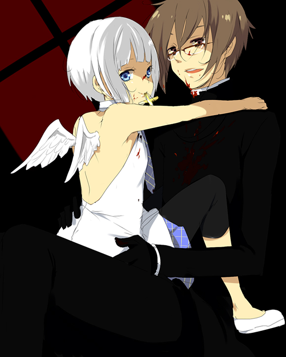 kl (dgzonbi), original, angel wings, blood, blue eyes, brown hair, cross, glasses, injury, necktie, priest, short hair, white hair, wings