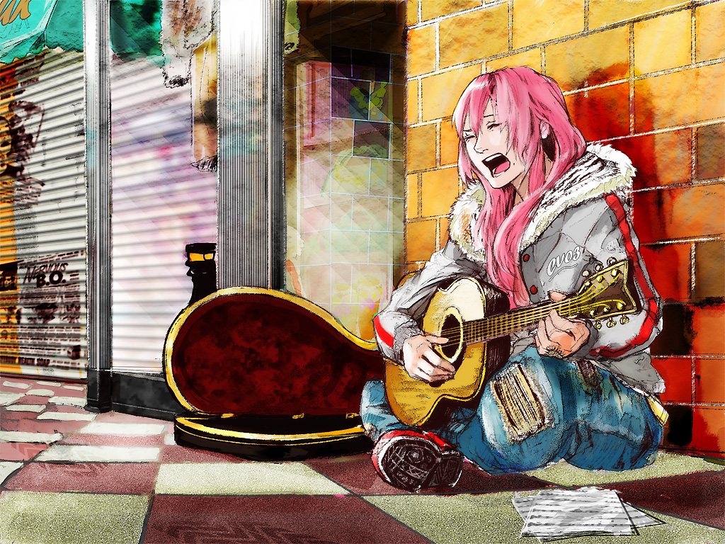 liran (iro), ranmaru (iro), megurine luka, vocaloid, bad id, bad pixiv id, 1girl, acoustic guitar, casual, coat, female focus, guitar, guitar case, instrument, instrument case, long hair, mole, pink hair, road, sheet music, shoes, sneakers, solo, street