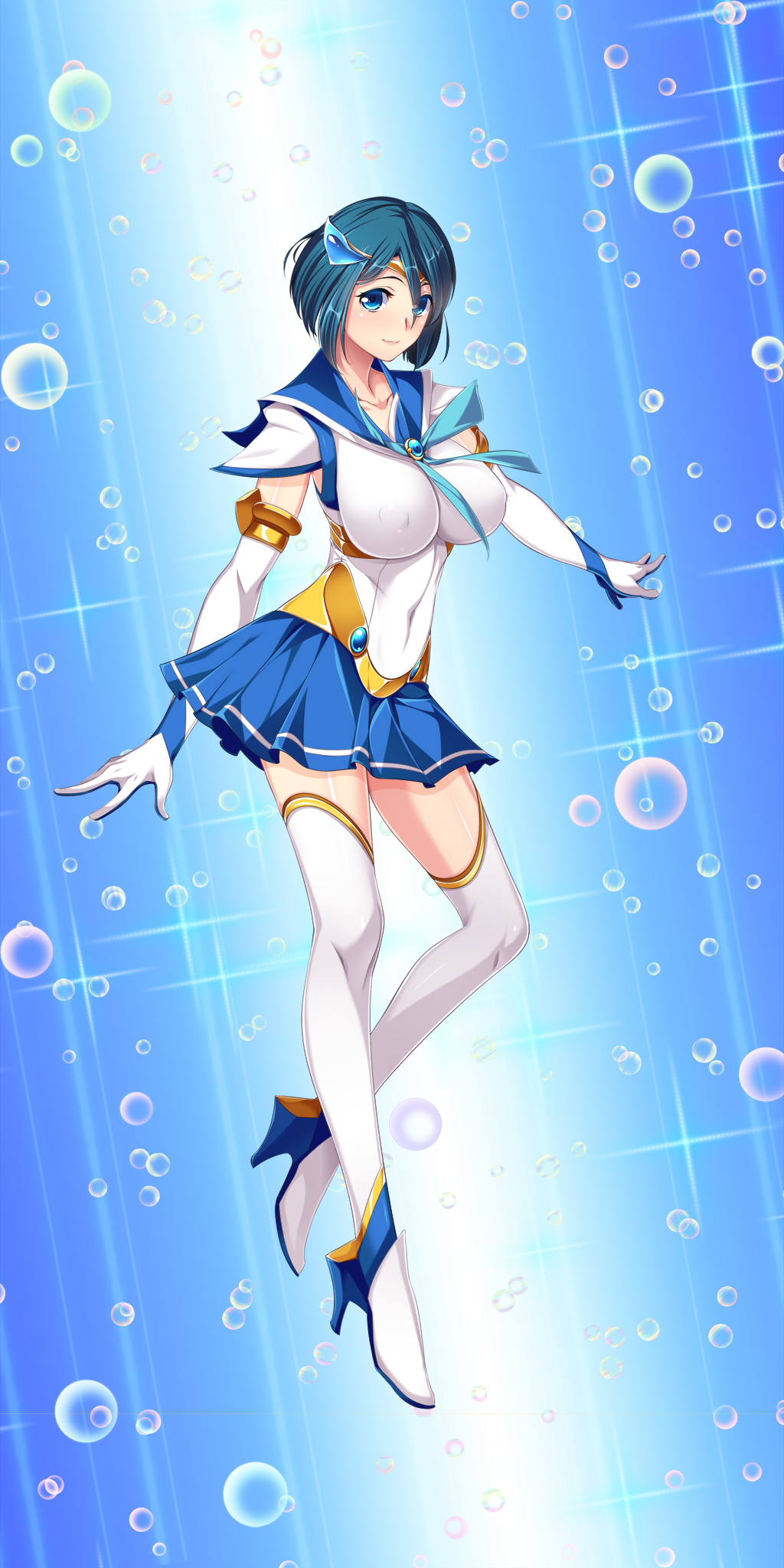 nana g, mizushima aoi, sailor element, game cg, highres, non-web source, official art, variant set, 1girl, alternate costume, blue eyes, blue hair, blue sailor collar, blue skirt, boots, breasts, bubble, chest jewel, covered erect nipples, covered navel, elbow gloves, full body, gloves, hair ornament, high heels, impossible clothes, impossible shirt, jewelry, large breasts, looking at viewer, magical girl, pleated skirt, sailor aqua (sailor element), sailor collar, sailor senshi uniform, shirt, short hair, skirt, smile, solo, thigh boots, thighhighs, tiara, underwater, white gloves, white thighhighs, zettai ryouiki