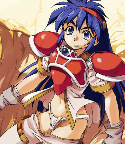 haruyama kazunori, ihrie, hikyou tanken fam & ihrie, armor, blue eyes, blue hair, female pubic hair, fundoshi, gloves, hairband, japanese clothes, pubic hair, scar, solo, wardrobe error, wardrobe malfunction