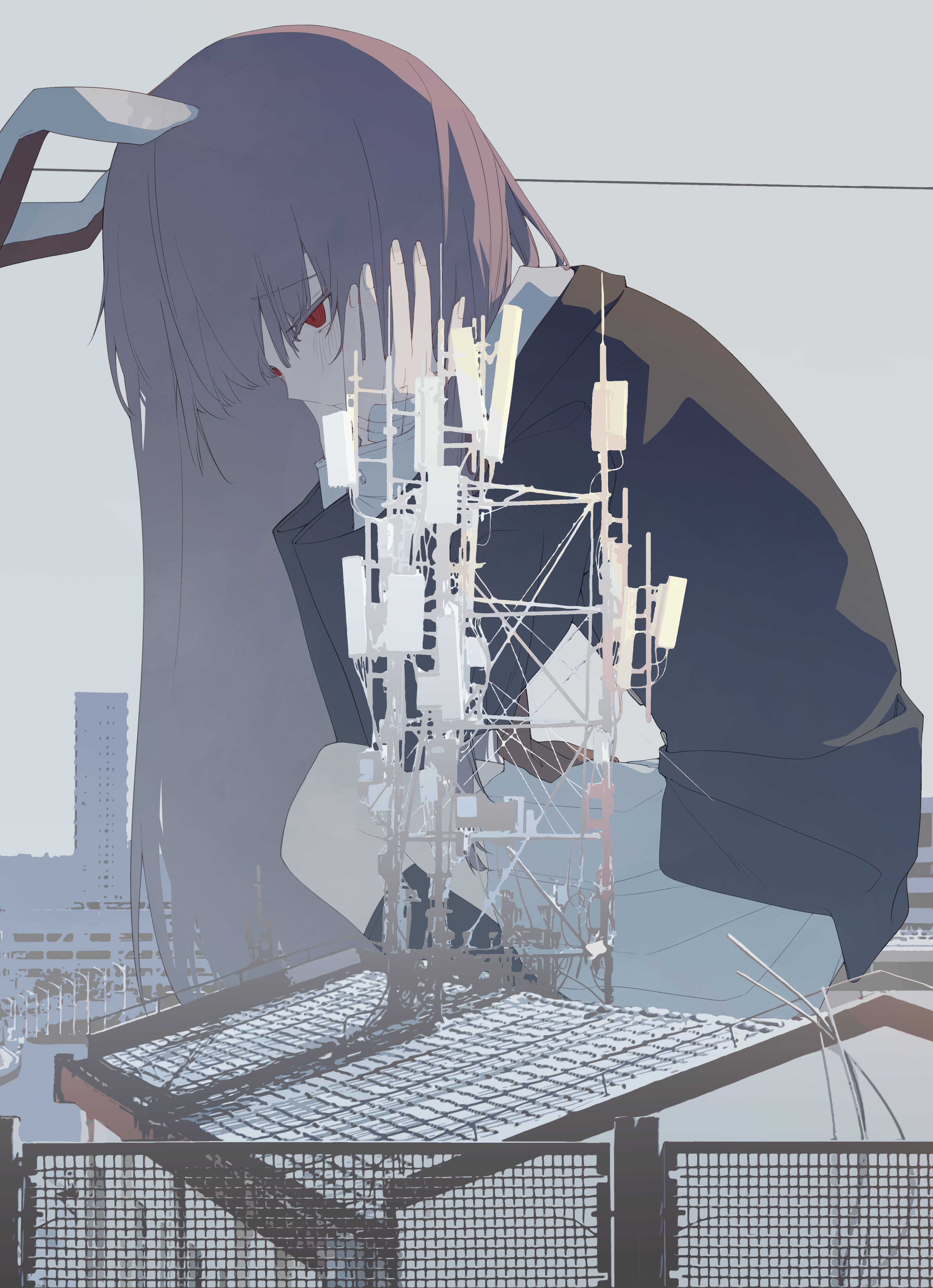 zhihuaiqiang, reisen udongein inaba, touhou, absurdres, commentary request, highres, 1girl, animal ears, black jacket, black socks, building, city, cloud, cloudy sky, fence, from side, giant, giantess, grey hair, grey sky, hands on own cheeks, hands on own face, jacket, kneehighs, light blush, long hair, long sleeves, necktie, outdoors, pleated skirt, power lines, rabbit ears, rabbit girl, red eyes, red necktie, shirt, skirt, sky, socks, solo, squatting, very long hair, white shirt, white skirt