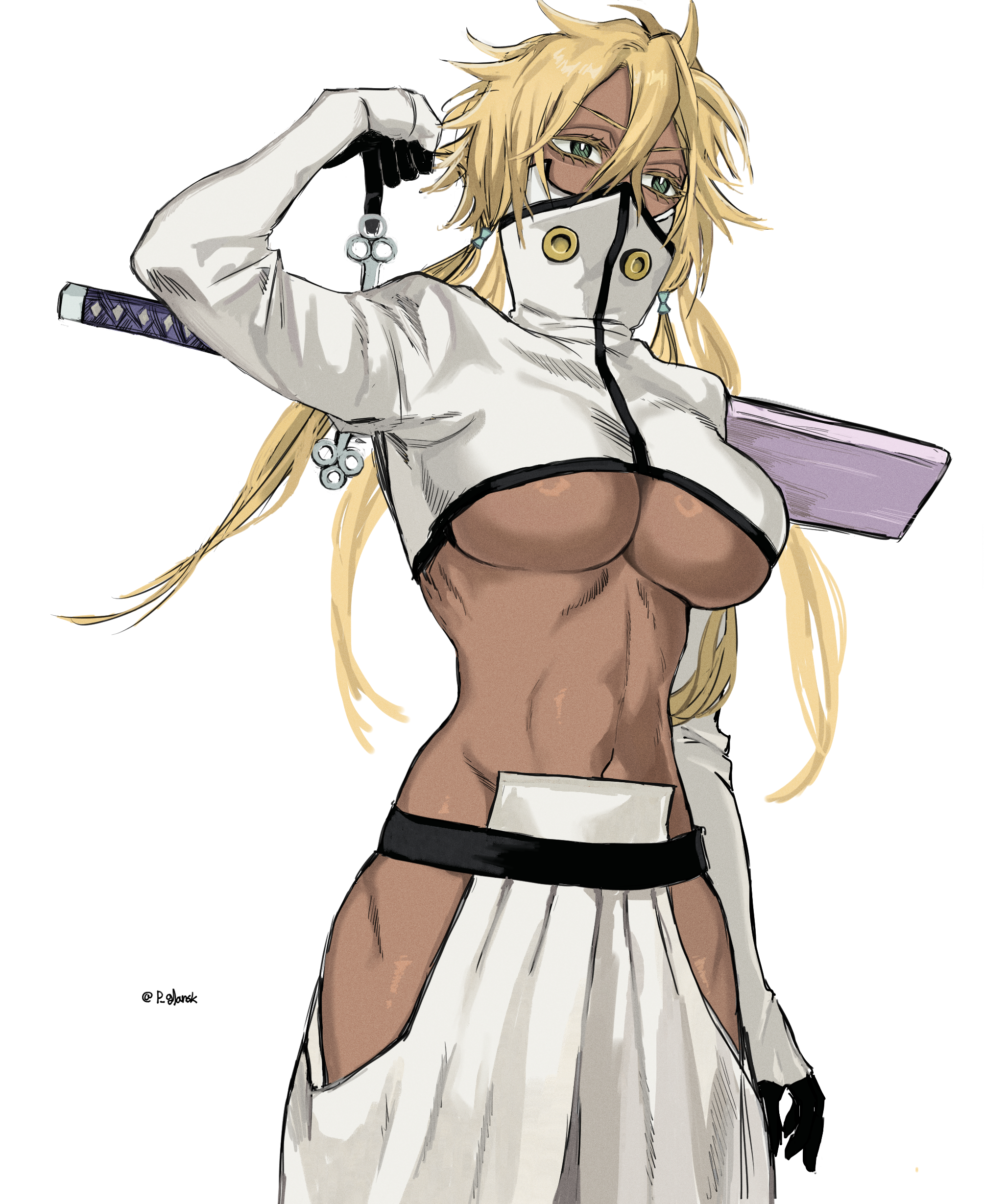 p glansk, tier harribel, bleach, absurdres, highres, 1girl, artist name, blonde hair, breasts, colored eyelashes, cropped jacket, dark-skinned female, dark skin, espada, female focus, green eyes, large breasts, medium hair, simple background, standing, sword, underboob, weapon, white background