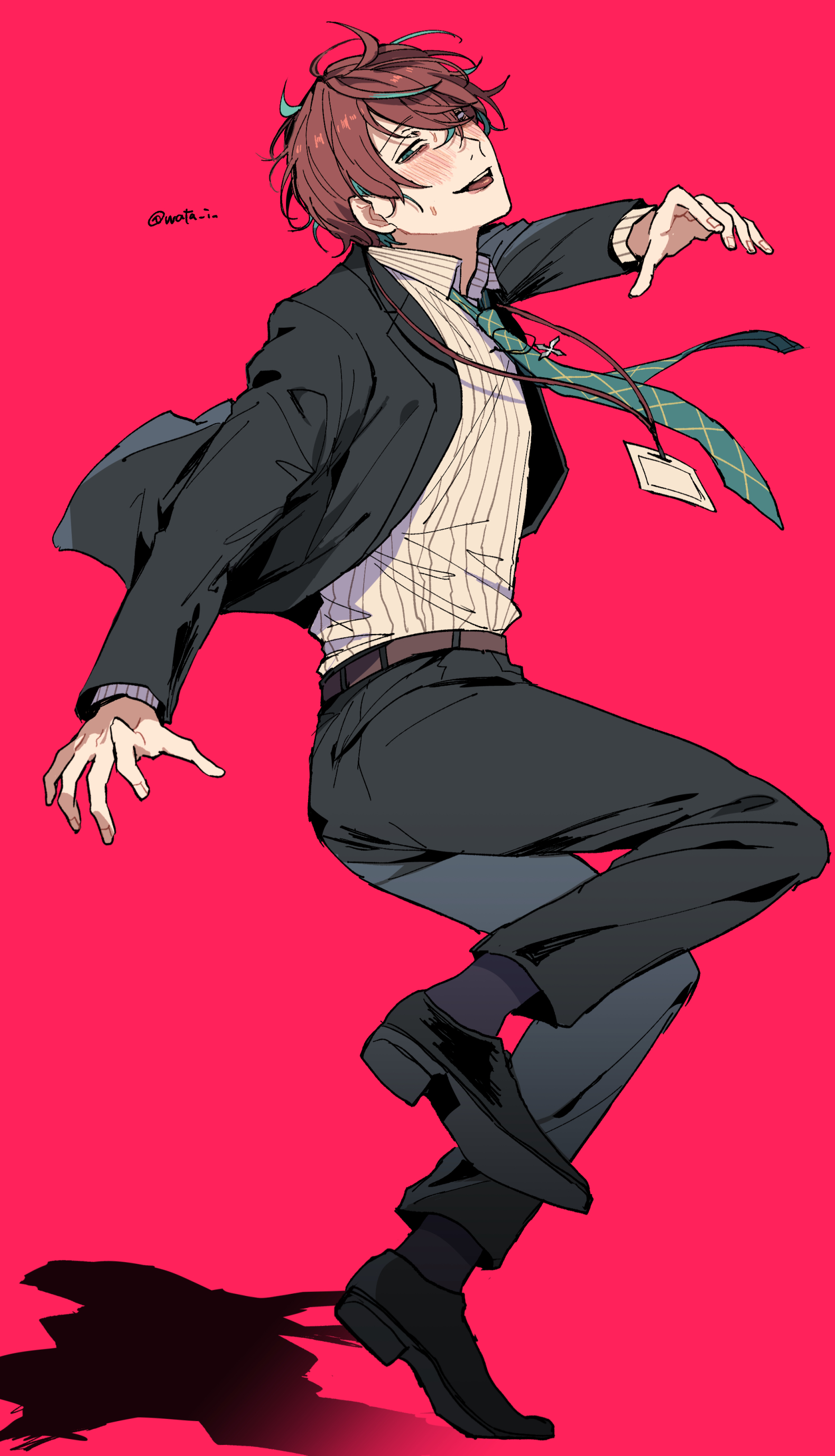 wata i, kannonzaka doppo, hypnosis mic, absurdres, highres, 1boy, aqua eyes, aqua streaks, bags under eyes, black jacket, black pants, crossed bangs, dress shoes, floating clothes, floating hair, formal clothes, grey socks, half-closed eyes, id card, jacket, looking at viewer, male focus, pants, pink background, red hair, salaryman, shirt, socks, solo, striped blush, striped clothes, striped shirt, suit, sweat, tongue, tongue out, twitter username, white shirt