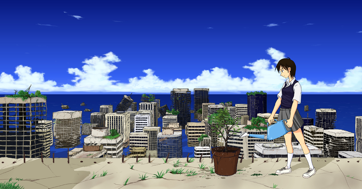 4d6f6f6b, 4d6f6f6b (pixiv), original, 1girl, cityscape, cloud, day, female focus, ocean, outdoors, plant, post-apocalypse, ruins, scenery, school uniform, sky, solo, watering can