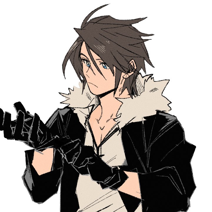 garbage paper, squall leonhart, final fantasy, final fantasy viii, 1boy, adjusting clothes, adjusting gloves, black gloves, black jacket, blue eyes, brown hair, fur-trimmed jacket, fur trim, gloves, grey fur, grey shirt, jacket, looking down, male focus, scar, scar on face, shirt, short hair, simple background, solo, upper body, v-neck, white background