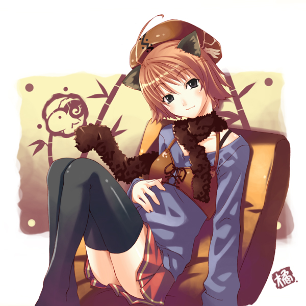tachibana yuu, 1girl, ahoge, animal ears, black eyes, black thighhighs, blush, brown hair, female focus, scarf, short hair, solo, thighhighs, zettai ryouiki