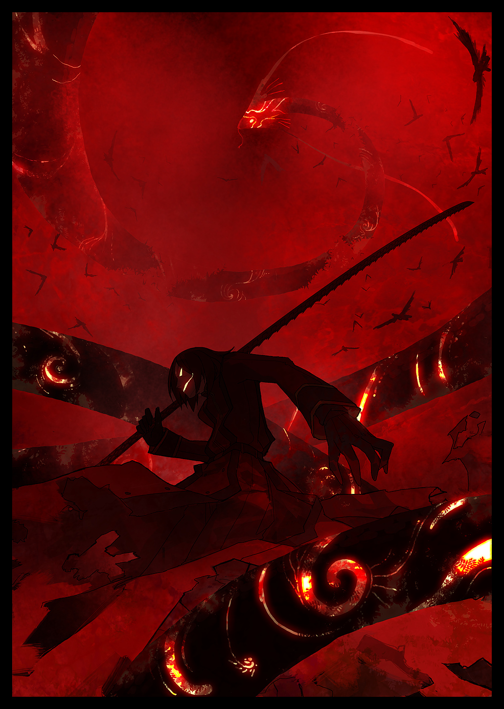 tsukuba masahiro, yata (pixiv fantasia), pixiv fantasia, pixiv fantasia 3, highres, 1boy, bird, evil grin, evil smile, glowing, glowing eyes, grin, katana, male focus, red theme, smile, snake, solo, sword, weapon