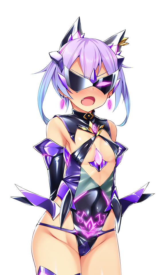 satou kuuki, fujii natsumi (ysphere), soukou seiki ysphere, game cg, large variant set, non-web source, official art, variant set, 1girl, animal ears, arms behind back, bare shoulders, blue hair, blush, breasts, corruption, covered erect nipples, covered navel, cowboy shot, dark persona, earrings, elbow gloves, evil aqua, fang, gem, gloves, glowing, gradient hair, highleg, highleg leotard, jewelry, leotard, looking at viewer, mask, mind control, multicolored hair, nose blush, open mouth, pubic tattoo, purple hair, shiny clothes, shiny skin, short hair, simple background, small breasts, solo, standing, sunglasses, tattoo, thighhighs, transparent background, twintails, white background