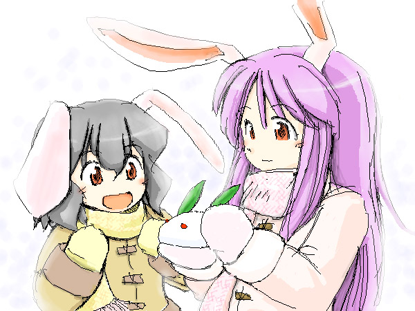 e saiba, inaba tewi, reisen udongein inaba, touhou, 2girls, animal ears, coat, female focus, multiple girls, oekaki, rabbit ears, scarf, snow rabbit, upper body, white background, winter clothes