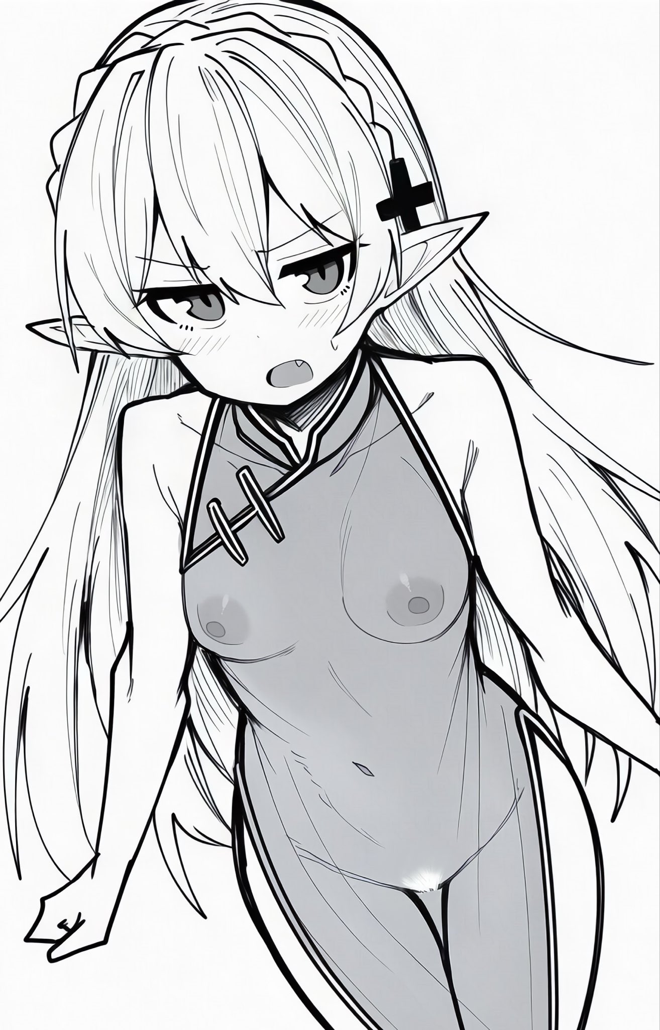makigirisu, warfarin (arknights), arknights, naked dress, commentary request, highres, 1girl, alternate costume, bare arms, bare shoulders, blush, breasts, china dress, chinese clothes, collarbone, cowboy shot, dress, fang, female pubic hair, greyscale, groin, hair between eyes, hair ornament, long hair, looking at viewer, medium breasts, monochrome, navel, nipples, open mouth, pelvic curtain, pointy ears, pubic hair, see-through clothes, see-through dress, side slit, simple background, sleeveless, sleeveless dress, solo, standing, sweatdrop, thigh gap, white background